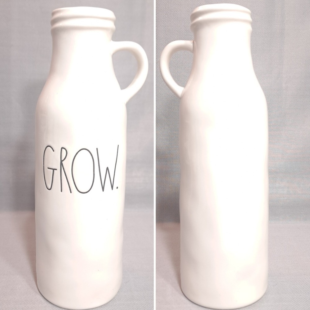 Rae Dunn "GROW" Ceramic Milk Bottle Vase White Large Spring Decor 10.5"